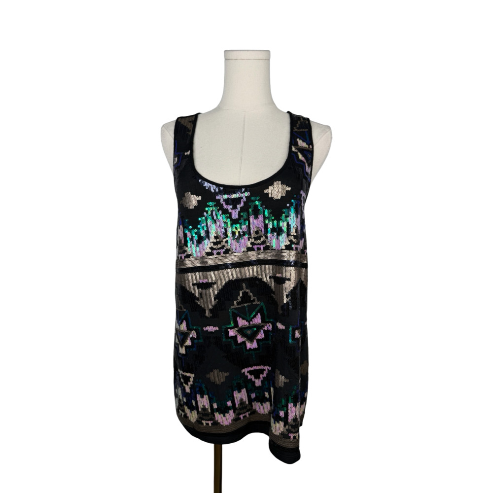 Daytrip Women's Black Tank Top with Multi-Color Aztec Sequin Sz. L